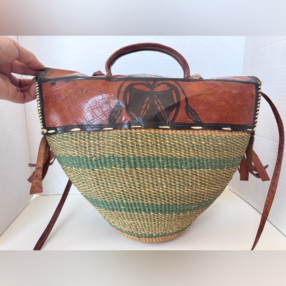 Vintage Boho Woven Tooled Leather Tote Beach Jute Bag Purse - Picture 5 of 12